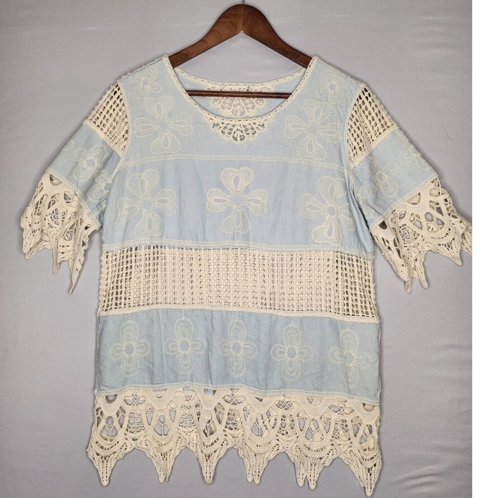 Samantha Rose Woman Floral Crochet Lace Top Blue Bohemian Summer Cottagecore 20W